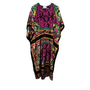 VTG Winler Kaftan Dress OS Floral Geometric Tribal Black Purple Gold Boho Mumu